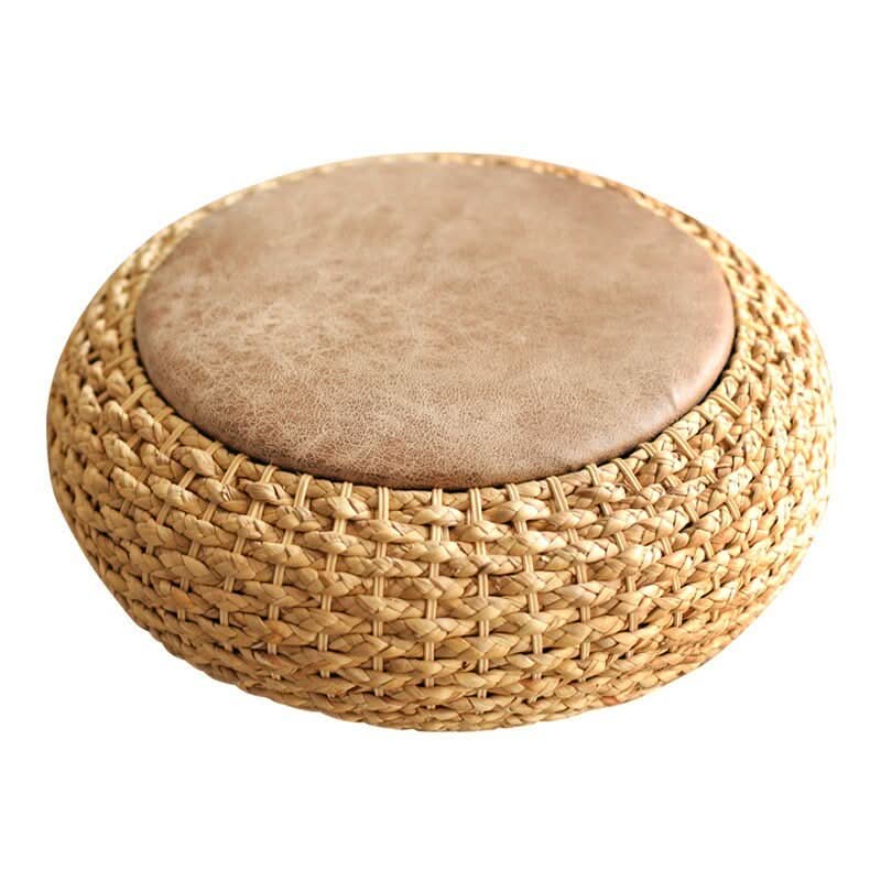 Cattail Woven Round Futon with brown leather cushion, natural fibers